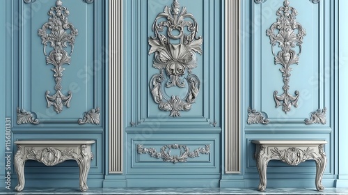 Photography backdrop, rococo baroque light blue panelled wall, ornate mouldings and side tables. 