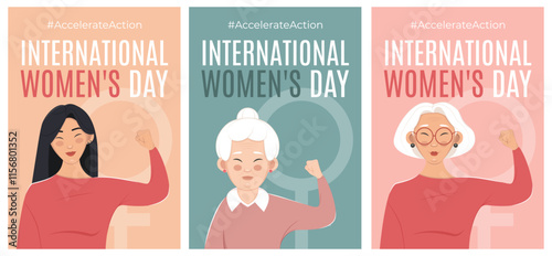 Happy 8 March International Women's Day posters of three generations of women. Accelerate Action 2025 campaign. Vector illustration in flat style.