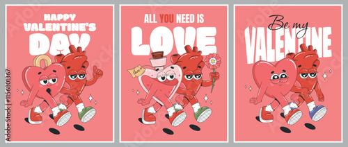 Happy Valentine's Day greeting cards. Romantic cartoon groovy characters. Heart, love potion, love lock. Vector illustration for flyer, banner, poster. 