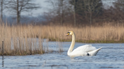 Fototapeta Naklejka Na Ścianę i Meble -  Graceful white swan gliding across a calm lake with a serene natural background