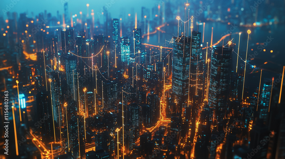 Obraz premium Smart digital Innovation city with connection network reciprocity over the cityscape. of future smart wireless city and social media networking systems that connects business people with in city