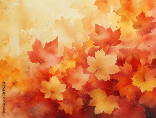 A vibrant autumn-themed abstract art piece featuring watercolor-painted maple leaves in warm hues of red, orange, and yellow, creating a soothing seasonal atmosphere. photo