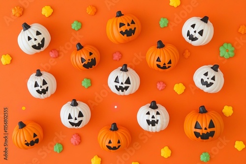 Halloween flat lay background with pumkins and sweets photo