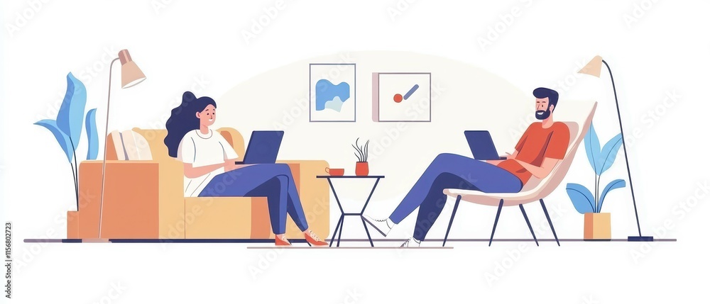 Remote workers in a cozy home office sharing ideas through video call, modern hybrid work culture theme