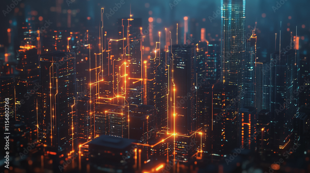 Fototapeta premium Smart digital Innovation city with connection network reciprocity over the cityscape. of future smart wireless city and social media networking systems that connects business people with in city