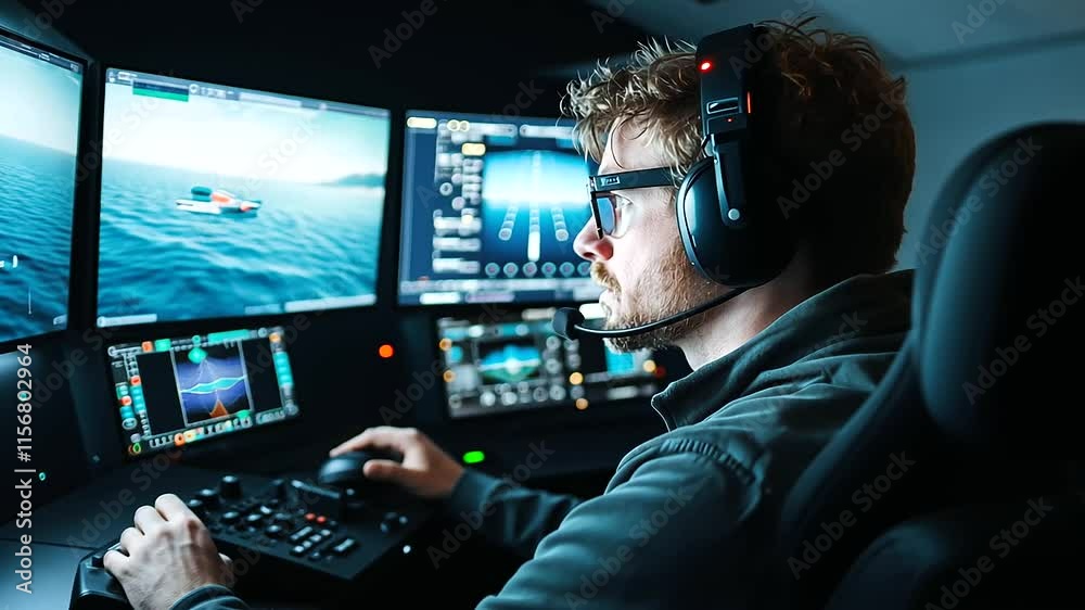 A flight simulator session with a pilot executing an emergency water landing, screens displaying intense visuals and realistic cockpit feedback A flight simulator session with a pilot executing an emergency water landing, screens displaying intense visuals and realistic cockpit feedback