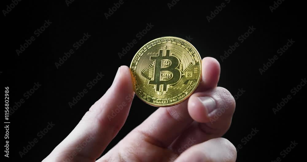 Fingers holding golden crypto coin in black background