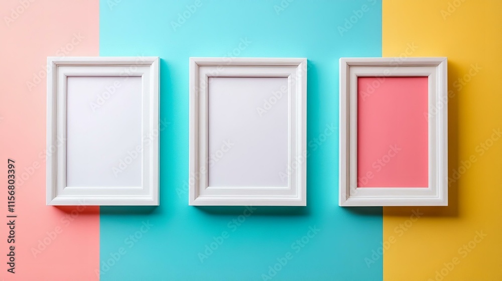Three vertically empty square frames on a pastel multicolored wall Three vertically empty square frames on a pastel multicolored wall