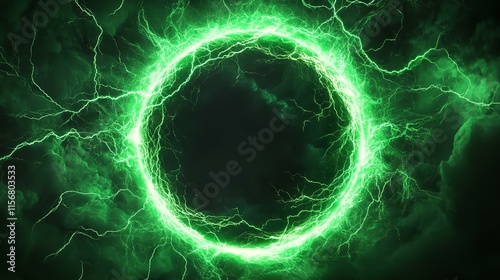 glowing electric green lightning round frame with plasma portal