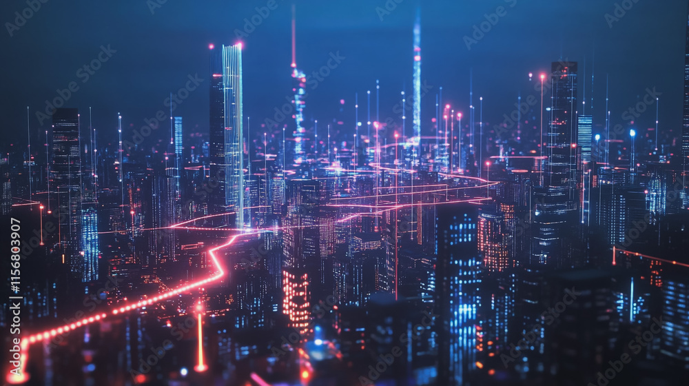 Fototapeta premium Smart digital Innovation city with connection network reciprocity over the cityscape. of future smart wireless city and social media networking systems that connects business people with in city