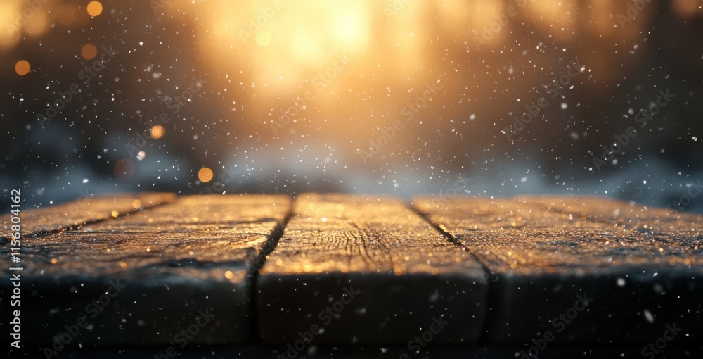 Fototapeta premium Sparkling Snowfall on Wooden Surface at Sunset, Capturing a Magical Winter Atmosphere with Glowing Bokeh Lights and Soft Falling Snowflakes in a Scenic Outdoor Setting