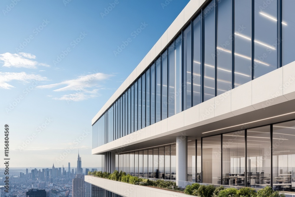 Modern Office Building with Glass Facade Overlooking City Skyline and Beautiful Blue Sky, Capturing Urban Architecture and Contemporary Design Elements Modern Office Building with Glass Facade Overlooking City Skyline and Beautiful Blue Sky, Capturing Urban Architecture and Contemporary Design Elements