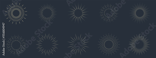 Vintage sunburst set collection. Logotype or lettering hand drawn design element. Bursting golden sun rays sunrise firework starburst blast burst sunset star. Radial sunset beams. Vector illustration.