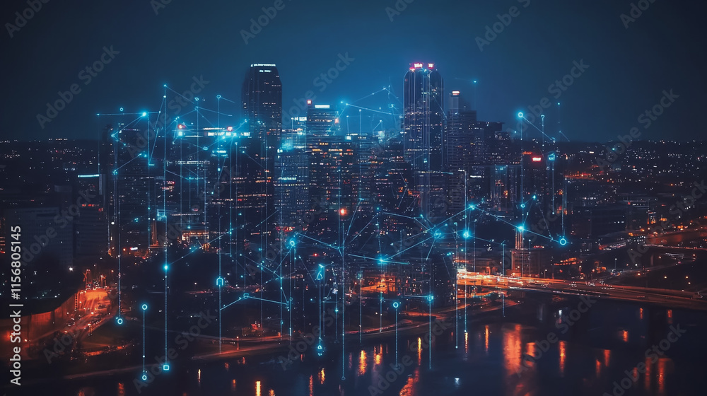 Fototapeta premium Smart digital Innovation city with connection network reciprocity over the cityscape. of future smart wireless city and social media networking systems that connects business people with in city