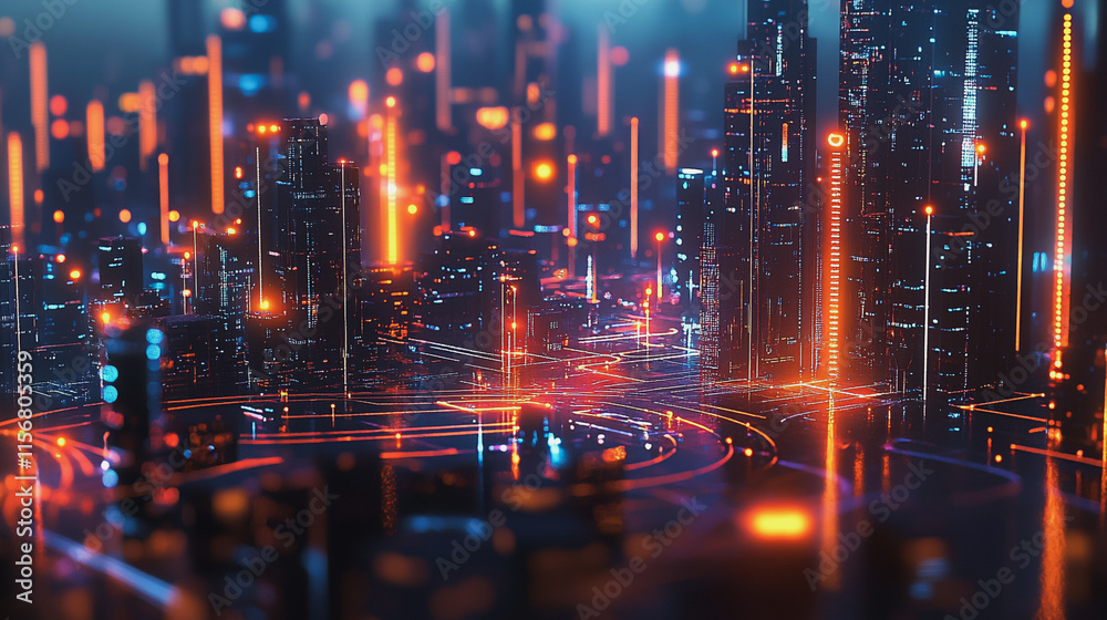 Fototapeta premium Smart digital Innovation city with connection network reciprocity over the cityscape. of future smart wireless city and social media networking systems that connects business people with in city