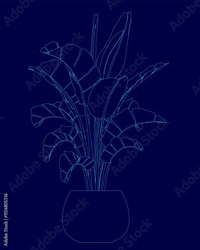 Blue drawing of a plant in a vase. The drawing is of a plant with a stem and leaves