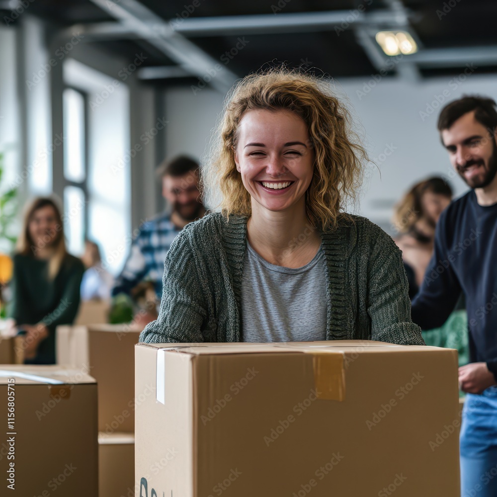 Coworkers smiling while unpacking boxes in a new office, startup launch and fresh beginnings concept Coworkers smiling while unpacking boxes in a new office, startup launch and fresh beginnings concept
