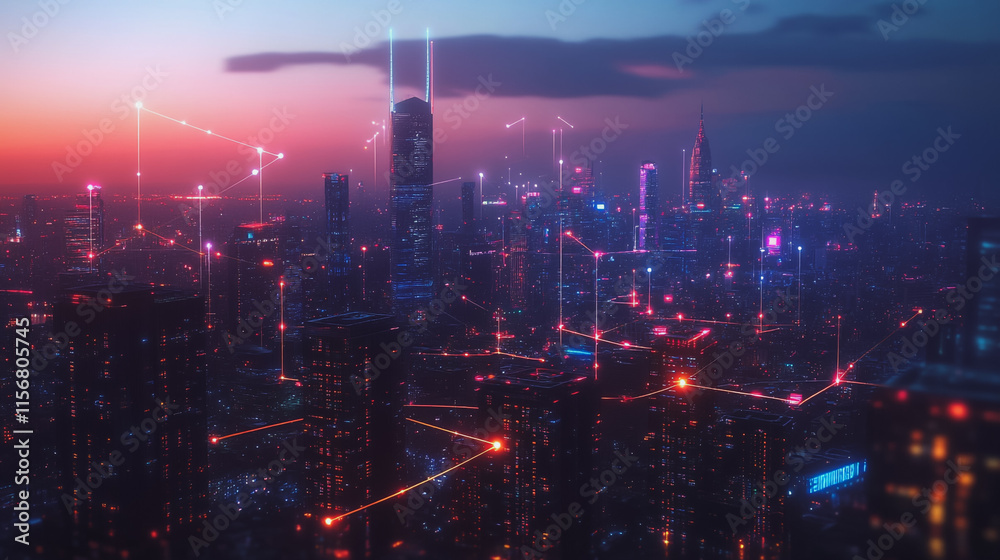 Fototapeta premium Smart digital Innovation city with connection network reciprocity over the cityscape. of future smart wireless city and social media networking systems that connects business people with in city