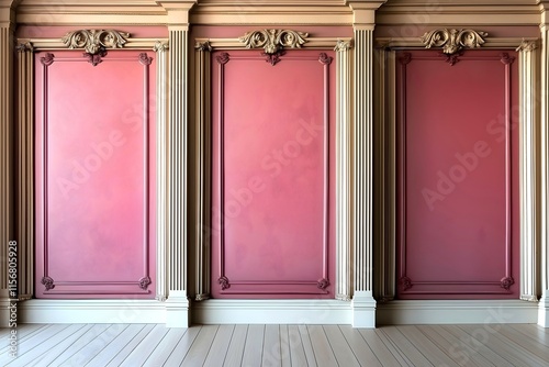 Pink classical French chateau interior wall digital backdrop, ornate baroque mouldings, panelled rococo photography background. photo