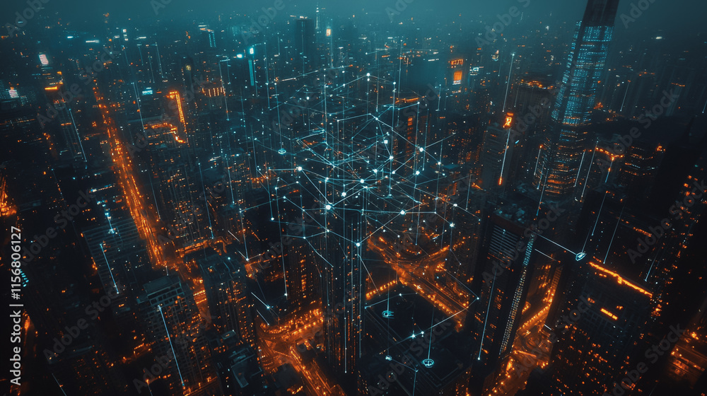 Fototapeta premium Smart digital Innovation city with connection network reciprocity over the cityscape. of future smart wireless city and social media networking systems that connects business people with in city