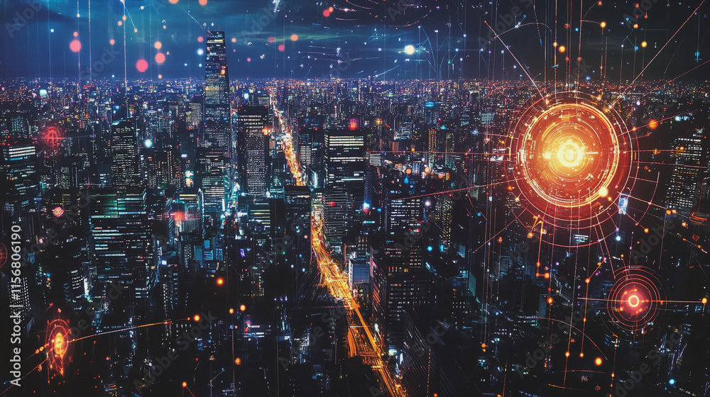 Fototapeta premium Smart digital Innovation city with connection network reciprocity over the cityscape. of future smart wireless city and social media networking systems that connects business people with in city