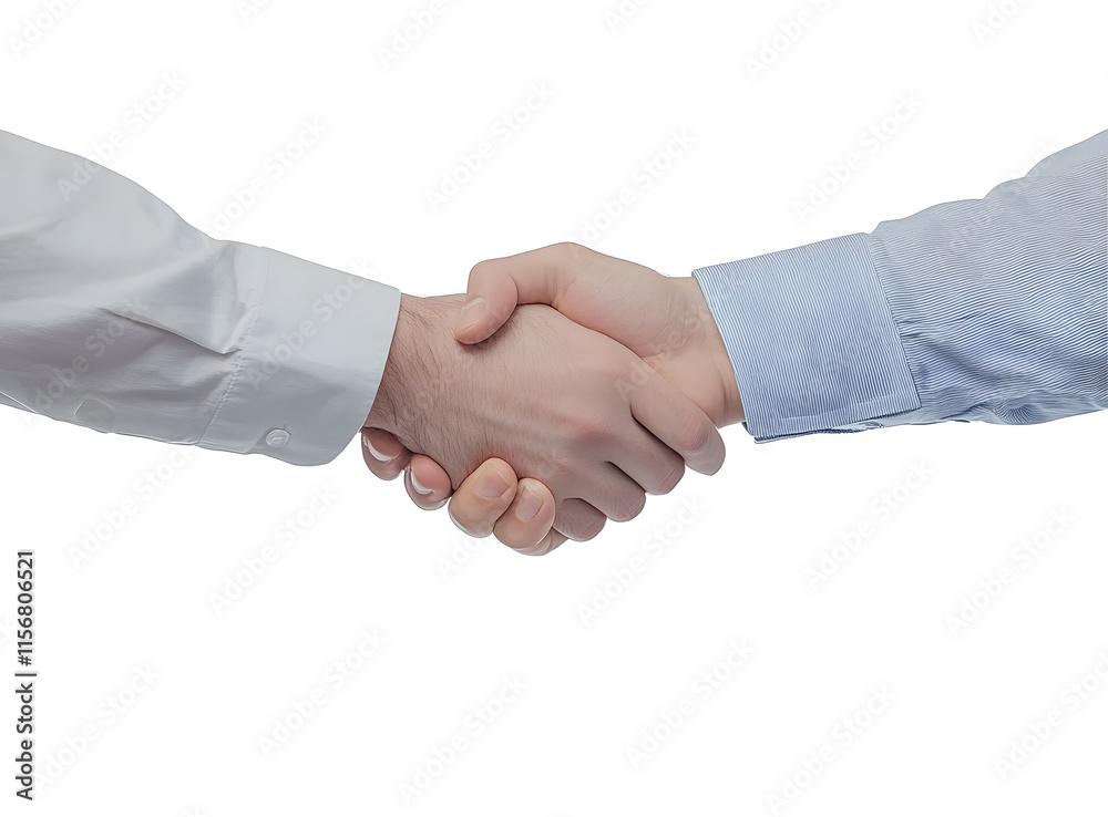 Closeup of two people in formal shirts shaking hands on a white background. Concept of agreement, partnership, or business deal Closeup of two people in formal shirts shaking hands on a white background. Concept of agreement, partnership, or business deal