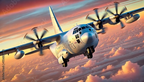 a military transport aircraft, flying through a breathtaking sunset sky. The aircraft's four propellers are captured in motion, creating a dynamic blur effect.