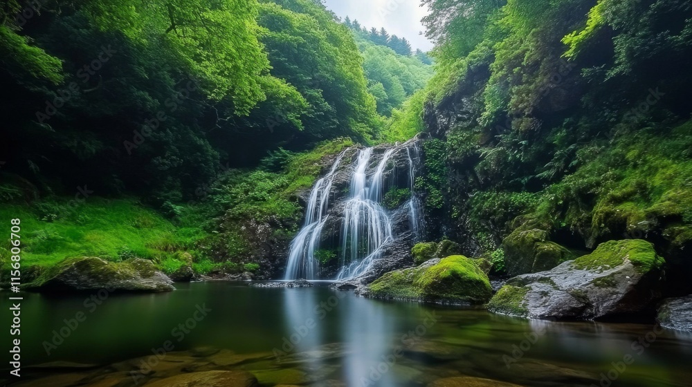 Fototapeta premium Serene Waterfall in Lush Green Forest
