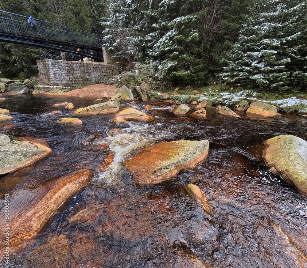 Jizera River in the Jizera Mountains, the border of Poland and the Czech Republic. Natural landscape Jizera River in the Jizera Mountains, the border of Poland and the Czech Republic. Natural landscape