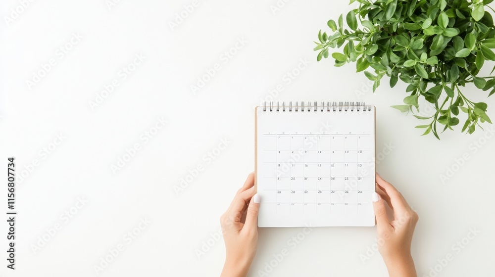 Obraz premium Minimalist Desk with Cozy Planner and Greenery for Productivity and Planning