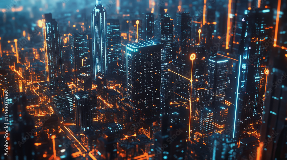 Fototapeta premium Smart digital Innovation city with connection network reciprocity over the cityscape. of future smart wireless city and social media networking systems that connects business people with in city