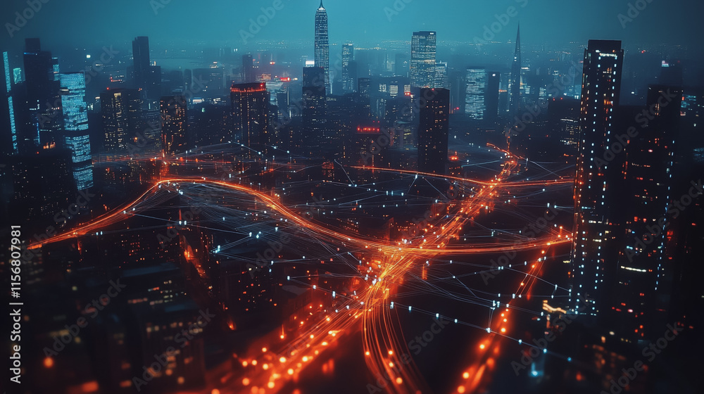 Fototapeta premium Smart digital Innovation city with connection network reciprocity over the cityscape. of future smart wireless city and social media networking systems that connects business people with in city