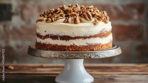 A carrot cake topped with caramelized walnuts, placed on a vintage cake stand against a rustic brick wall background