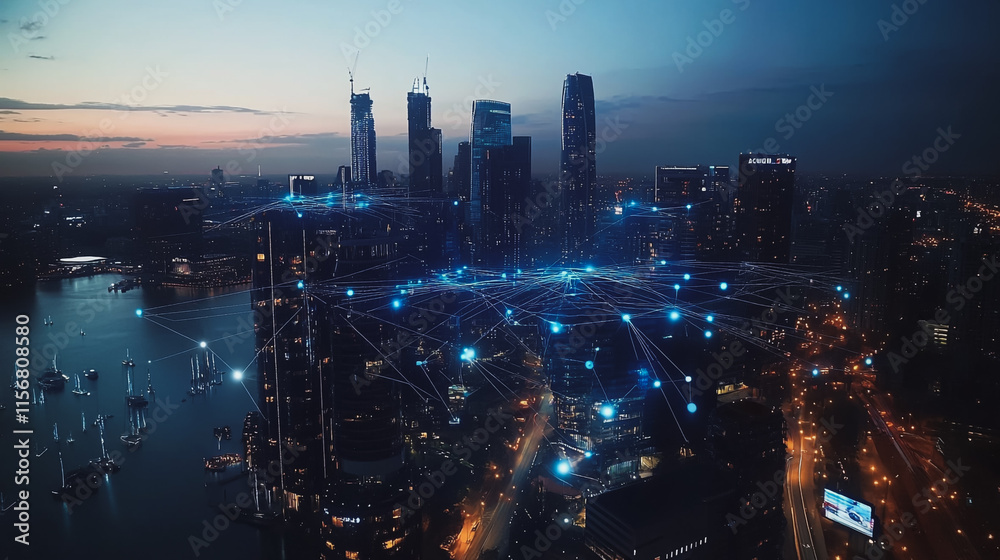 Fototapeta premium Smart digital Innovation city with connection network reciprocity over the cityscape. of future smart wireless city and social media networking systems that connects business people with in city