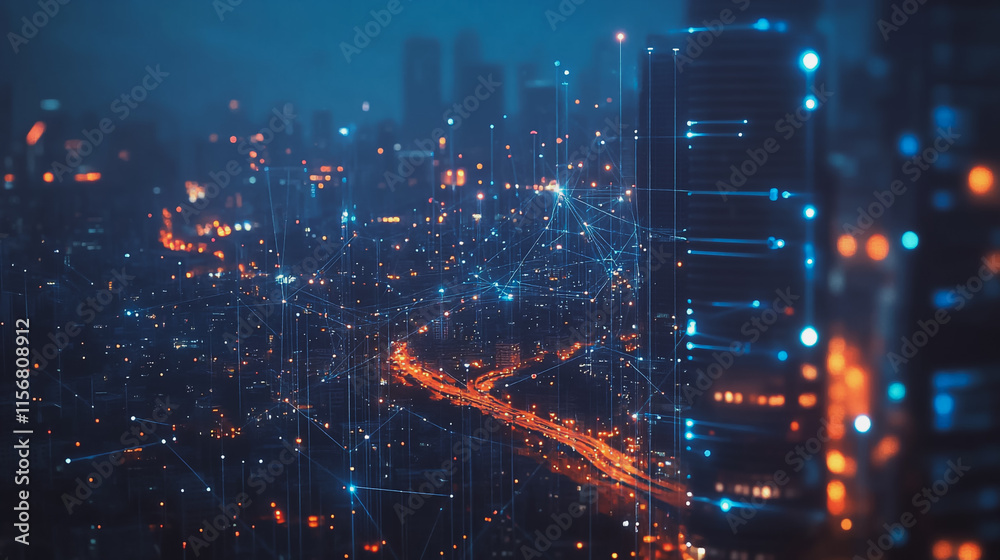 Obraz premium Smart digital Innovation city with connection network reciprocity over the cityscape. of future smart wireless city and social media networking systems that connects business people with in city