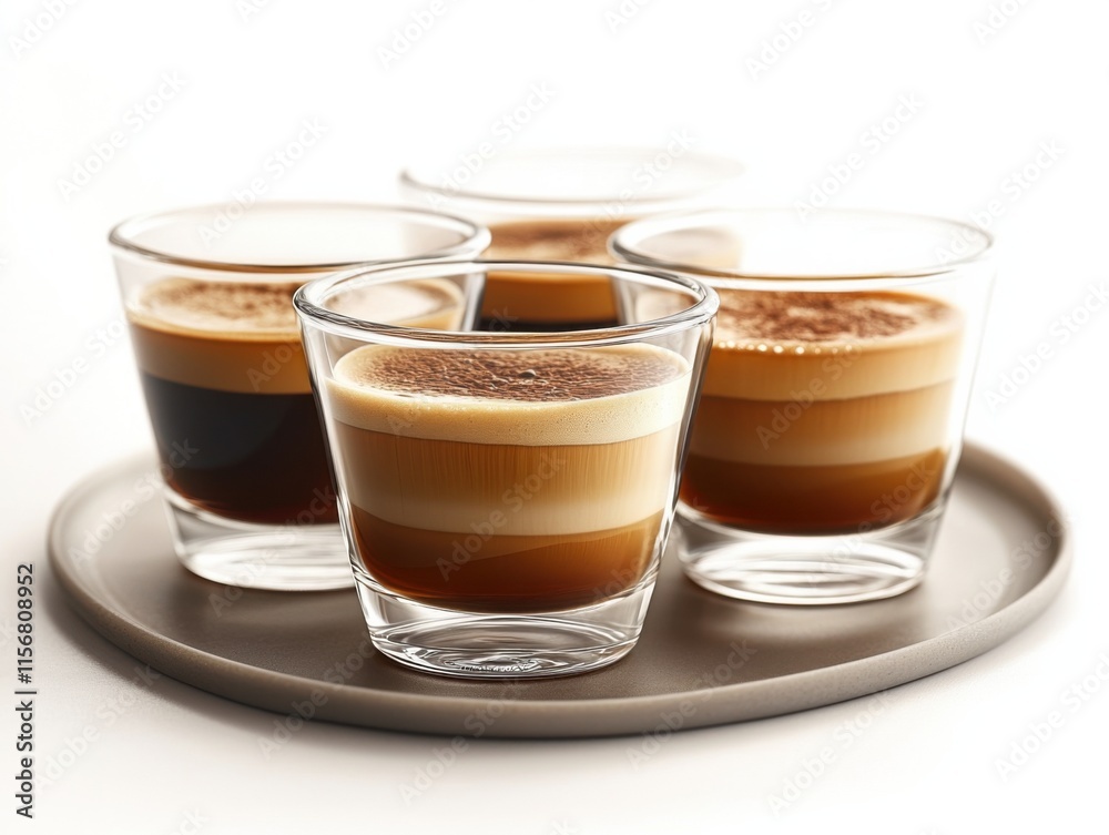 Four cups of rich, aromatic espresso coffee sit on a tray, showcasing layers of crema and a variety of coffee shades in a warmly lit setting. Four cups of rich, aromatic espresso coffee sit on a tray, showcasing layers of crema and a variety of coffee shades in a warmly lit setting.