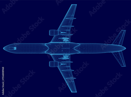 Blue airplane is shown in a blue background. The airplane is a large jetliner with a long body and a pointed nose. The image is a wireframe of the airplane