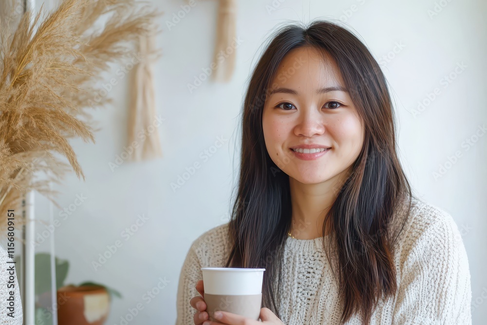 Asian woman working remotely in a stylish home office, holding a coffee cup, comfortable productivity concept Asian woman working remotely in a stylish home office, holding a coffee cup, comfortable productivity concept
