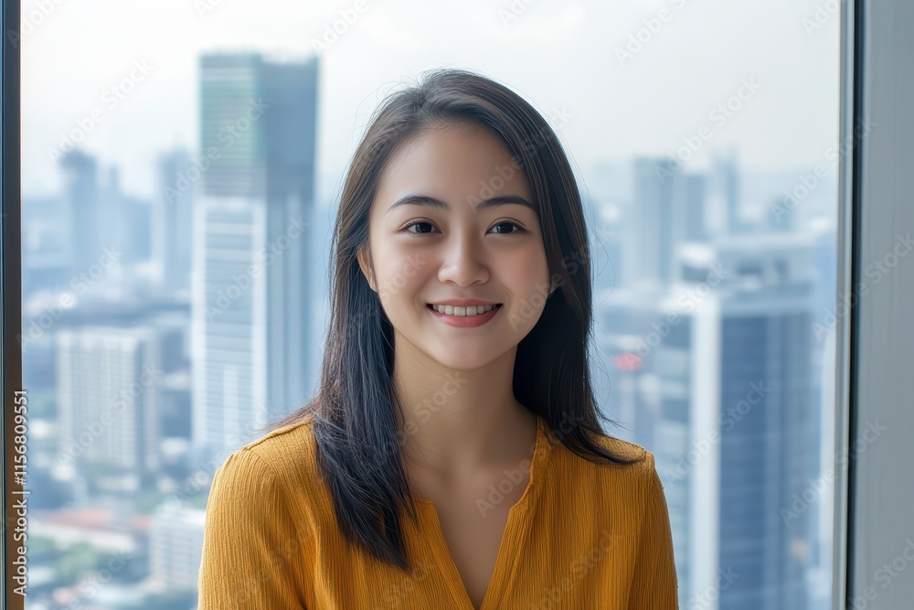 Confident Asian woman in business casual attire, standing near a window with cityscape views, urban success concept Confident Asian woman in business casual attire, standing near a window with cityscape views, urban success concept