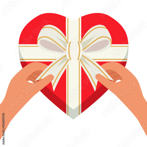 Unpacking red heart shaped gift box with white ribbon bow. Hands unpacking box. Social media, poster. Gift giving. Flat vector illustration isolated on white background.