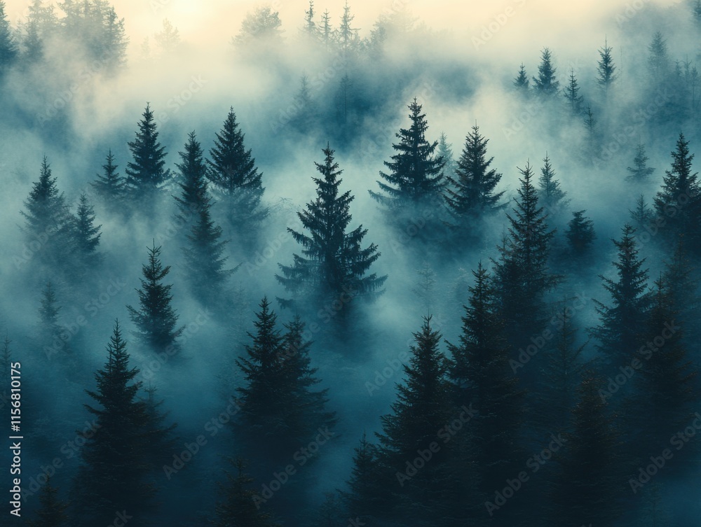 A misty landscape featuring a dense fir forest with a vintage retro style. Soft fog blankets the treetops, evoking a serene and mysterious atmosphere. A misty landscape featuring a dense fir forest with a vintage retro style. Soft fog blankets the treetops, evoking a serene and mysterious atmosphere.