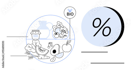 Organic vegetables, fruits, dairy, and jar with bio label next to a large percentage symbol. Ideal for nutrition, health, organic farming, eco-friendly products, dietary information, natural food