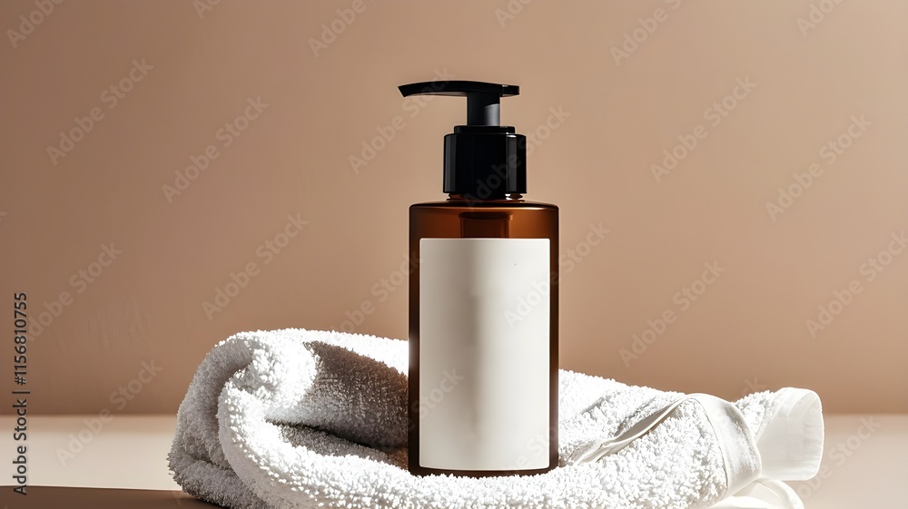 Studio shot photo of one mock up bottle of body wash product and towel in the middle of bathroom table in beige bathroom Studio shot photo of one mock up bottle of body wash product and towel in the middle of bathroom table in beige bathroom