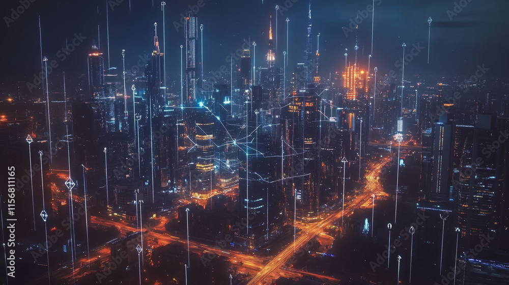 Smart digital Innovation city with connection network reciprocity over the cityscape. of future smart wireless city and social media networking systems that connects business people with in city Smart digital Innovation city with connection network reciprocity over the cityscape. of future smart wireless city and social media networking systems that connects business people with in city