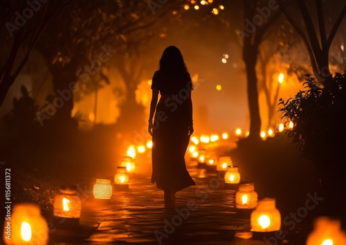 Mystical Night Walk Woman on Lantern-Lit Path in Winter Solstice Ritual photo