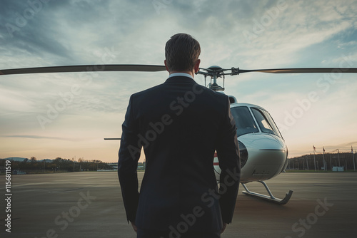  man in a suit stands in front of a helicopter. The man is wearing a suit and tie, and the helicopter is white. The scene is set on a runway, and the man is waiting for the helicopter to take off photo