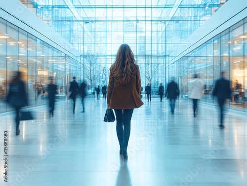 A modern office interior with people walking briskly, showcasing a busy work environment with sleek architectural design and glass walls. photo