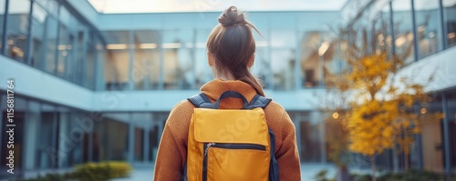 Portrait of a anonymous young female student from behind in front of minimalistic building
