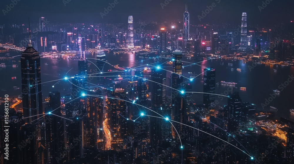 Smart digital Innovation city with connection network reciprocity over the cityscape. of future smart wireless city and social media networking systems that connects business people with in city