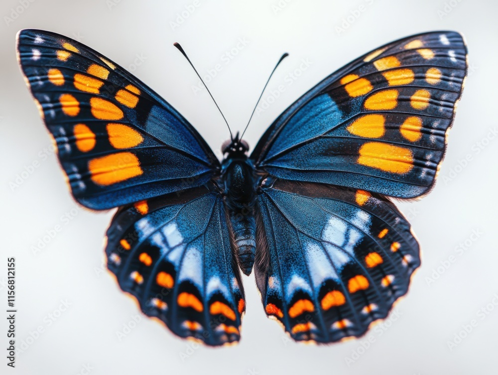 Fototapeta premium A stunning blue butterfly with vivid yellow and orange patterns on its wings is captured in flight against a light background.